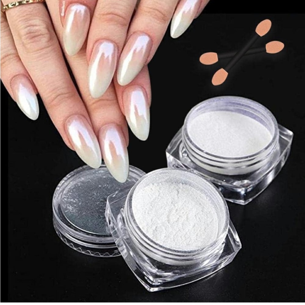 2 Boxes White Pearl Chrome Nail Powder, Mirror Effect